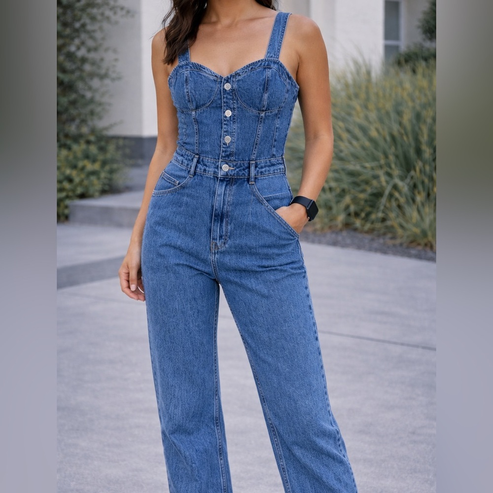 Free people Denim Corset Jumpsuit Button Front Straight Leg Size We the free